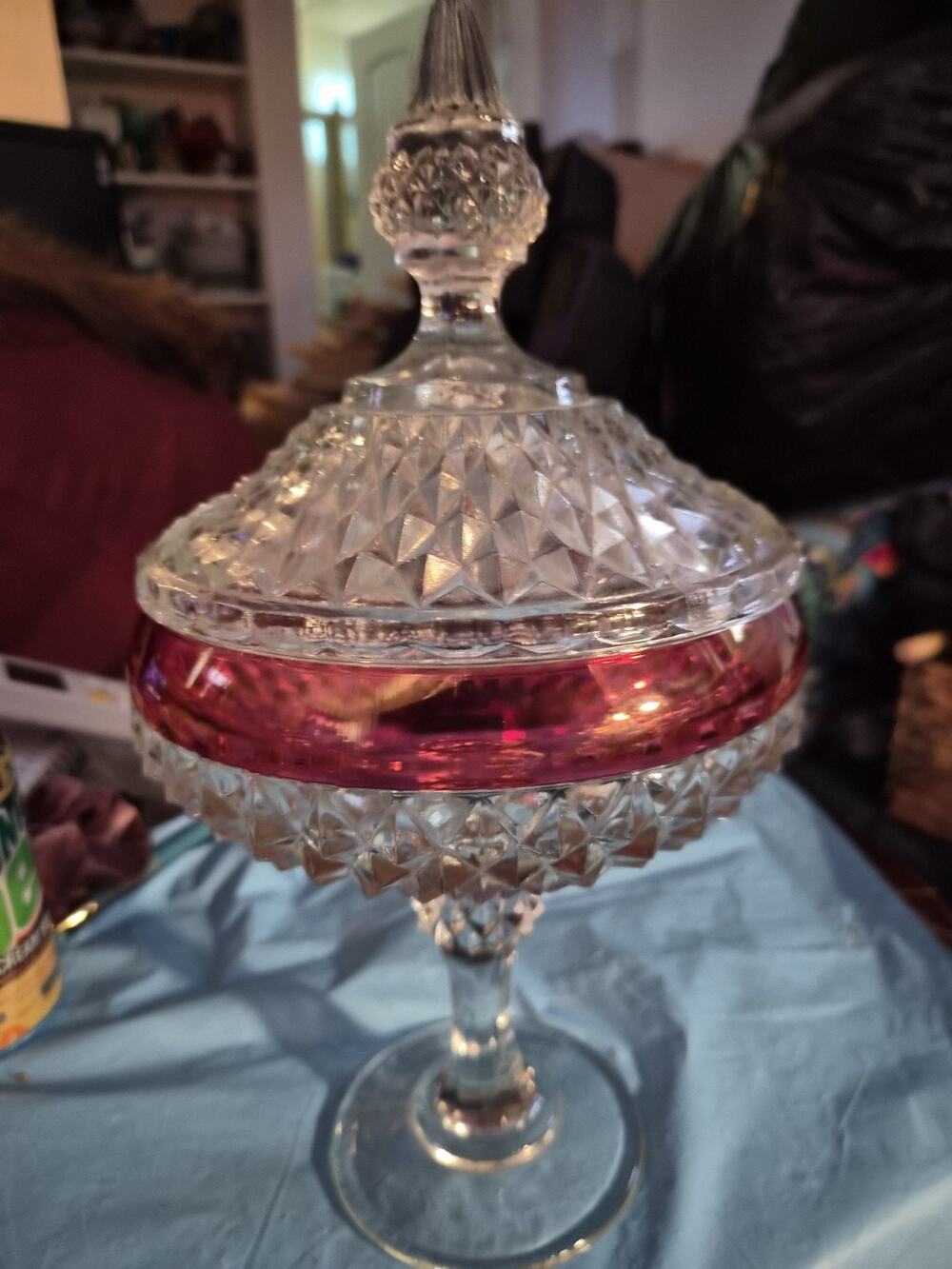 CANDY DISH WITH LID -INDIANA GLASS RUBY RED RIM FLASH DIAMOND POINT